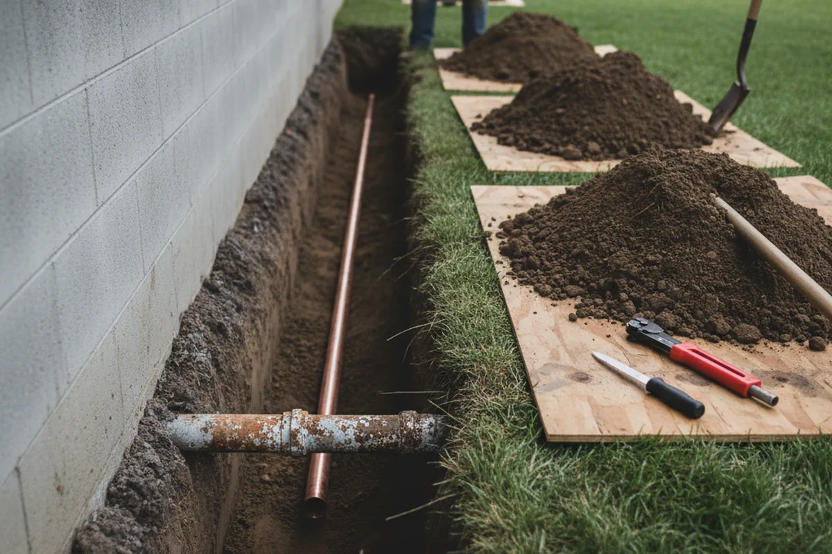 Excavated water line trench during Water Softener Installation in Tres Pinos